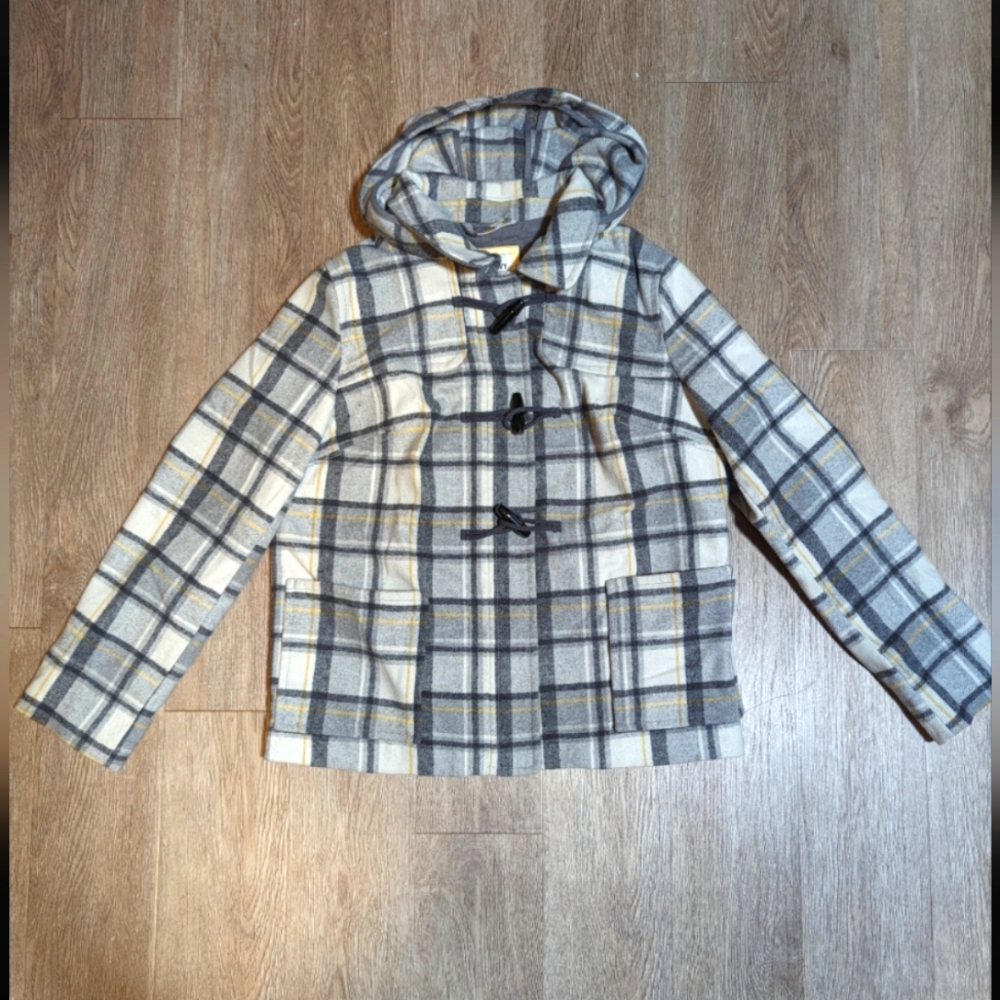 Women's Old Navy plaid wool pea coat w/ hood and toggle buttons size large